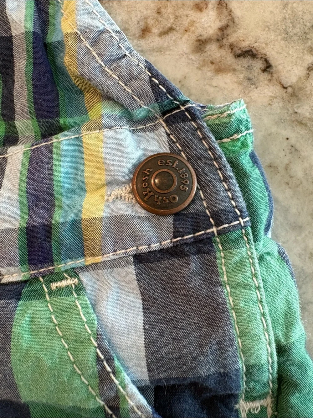 OshKosh Boys Preppy Plaid Overall Shorts Vestbak Cotton Blue Green 3 Months